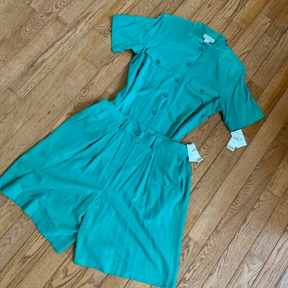 August Max Woman Vintage 100% Silk Aqua Green Blue Blouse & Shorts Set NWT XL